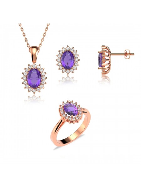 Oval Ametist Taşlı Anturaj Pırlanta Montür Rose Gümüş Üçlü Set