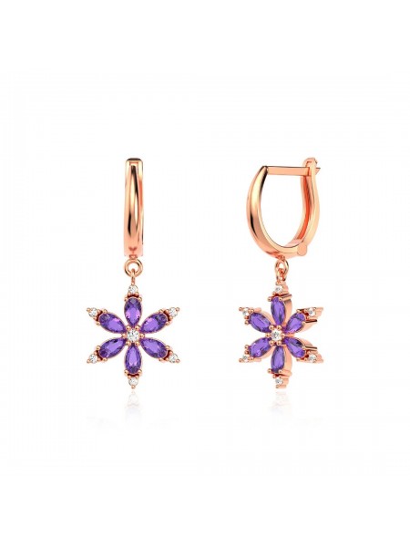 Ametist Taşlı Lotus Çiçeği Rose Gümüş Küpe