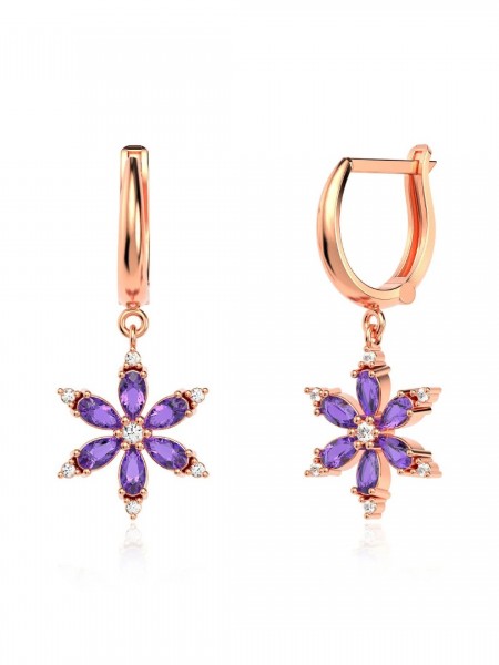 Ametist Taşlı Lotus Çiçeği Rose Gümüş Küpe