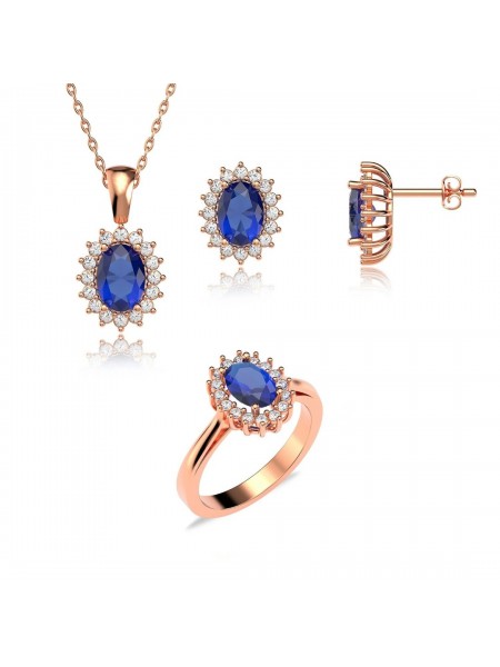 Oval Safir Taşlı Anturaj Pırlanta Montür Rose Gümüş Üçlü Set