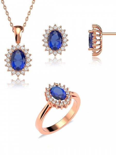 Oval Safir Taşlı Anturaj Pırlanta Montür Rose Gümüş Üçlü Set