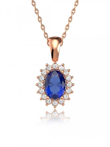 Oval Safir Taşlı Anturaj Pırlanta Montür Rose Gümüş Üçlü Set
