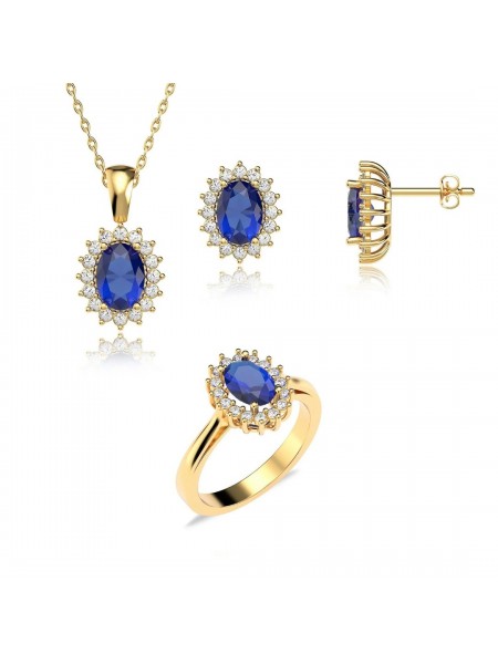 Oval Safir Taşlı Anturaj Pırlanta Montür Altın Kaplama Gümüş Üçlü Set