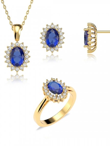 Oval Safir Taşlı Anturaj Pırlanta Montür Altın Kaplama Gümüş Üçlü Set