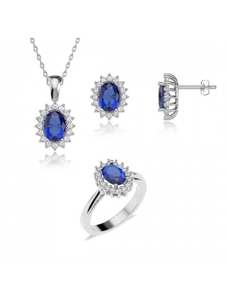 Oval Safir Taşlı Anturaj Pırlanta Montür Beyaz Gümüş Üçlü Set