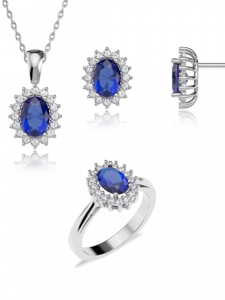 Oval Safir Taşlı Anturaj Pırlanta Montür Beyaz Gümüş Üçlü Set