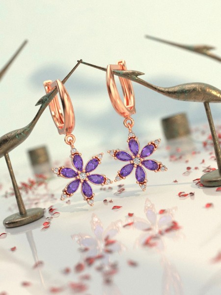 Ametist Taşlı Lotus Çiçeği Rose Gümüş Küpe