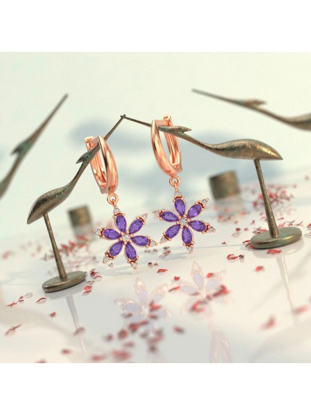 Ametist Taşlı Lotus Çiçeği Rose Gümüş Küpe