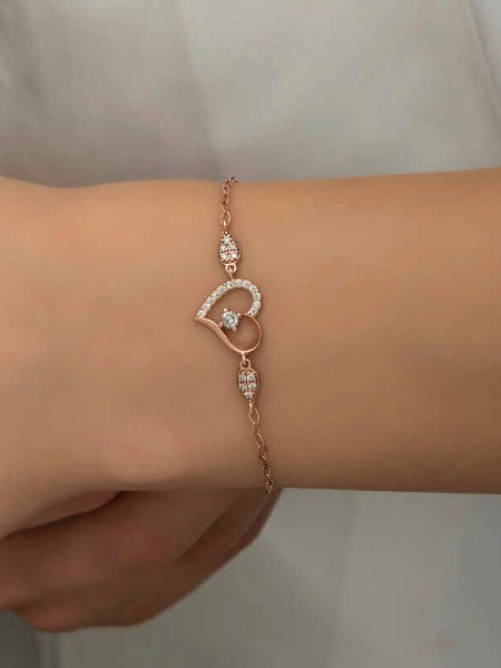Gümüş Rose Kalpli Tektaş Kadın Bileklik