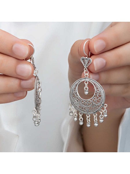 Gümüş Çember Telkari Sallantılı Kadın Küpe