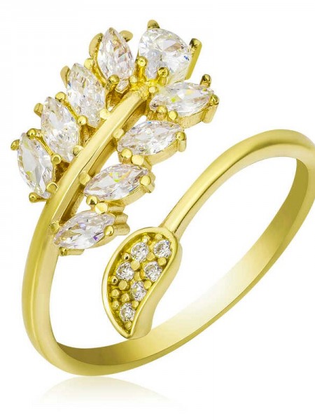 Gümüş Gold Ayarlanabilir Beyaz Taşlı Yaprak Kadın Yüzük