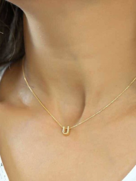 Gümüş Gold 3 Boyutlu U Harf Bayan Kolye