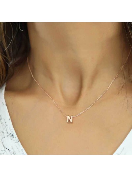 Gümüş Rose 3 Boyutlu N Harf Bayan Kolye