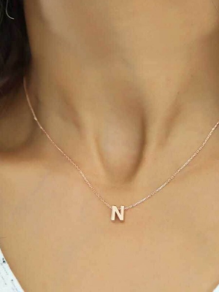 Gümüş Rose 3 Boyutlu N Harf Bayan Kolye