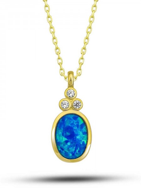 Gümüş Gold Mavi Opal Taşlı Ananas Kadın Kolye