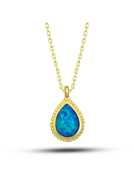 Gümüş Gold Damla Mavi Opal Taşlı Kadın Kolye