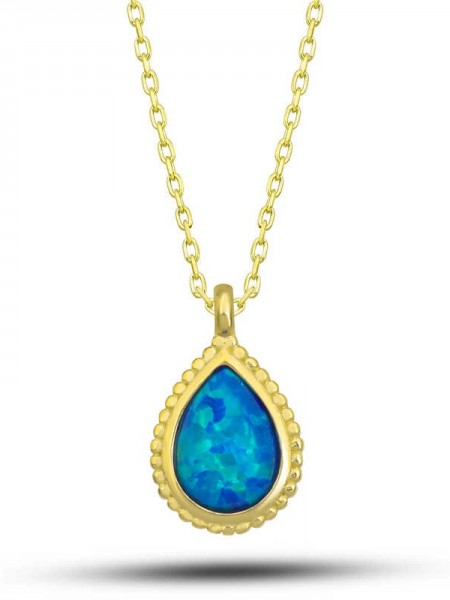 Gümüş Gold Damla Mavi Opal Taşlı Kadın Kolye