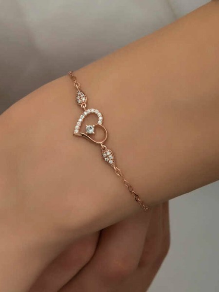 Gümüş Rose Kalpli Tektaş Kadın Bileklik