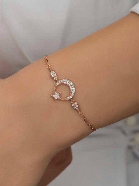 Gümüş Rose Ay Yıldız Kadın Bileklik