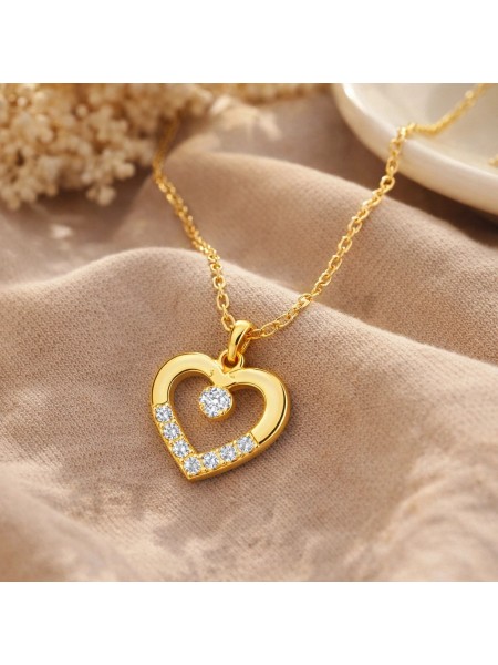Gümüş Gold Minik Kalpli Tektaş Kadın Kolye